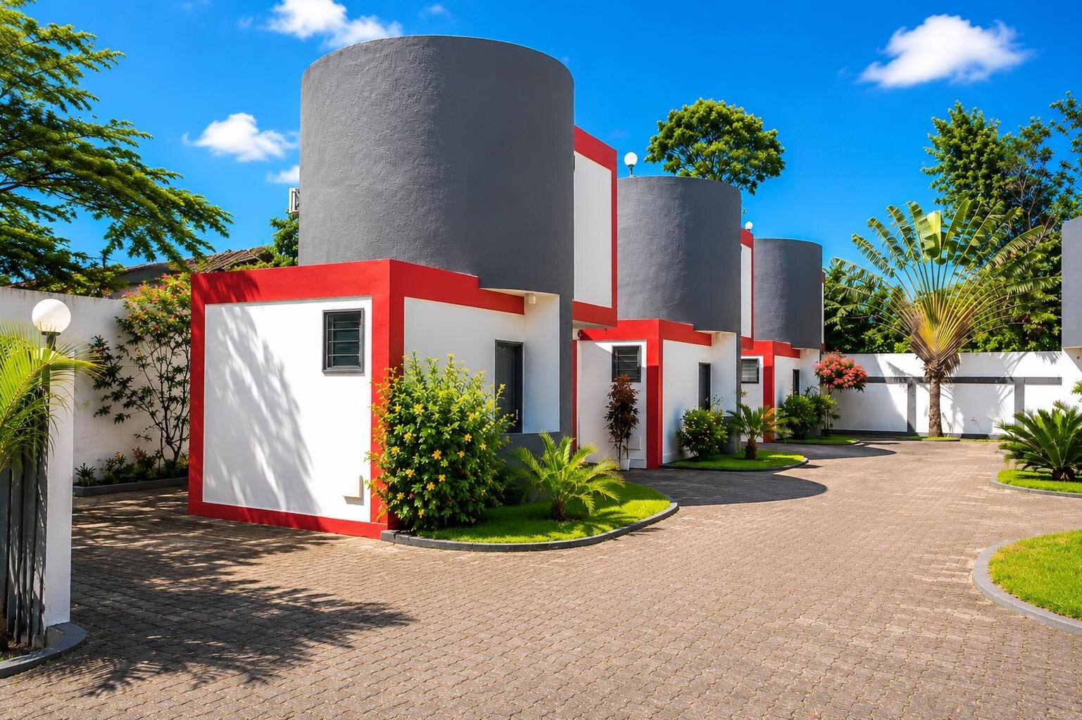 Cour arborée et façades de l’Hôtel Fleuri à Toamasina